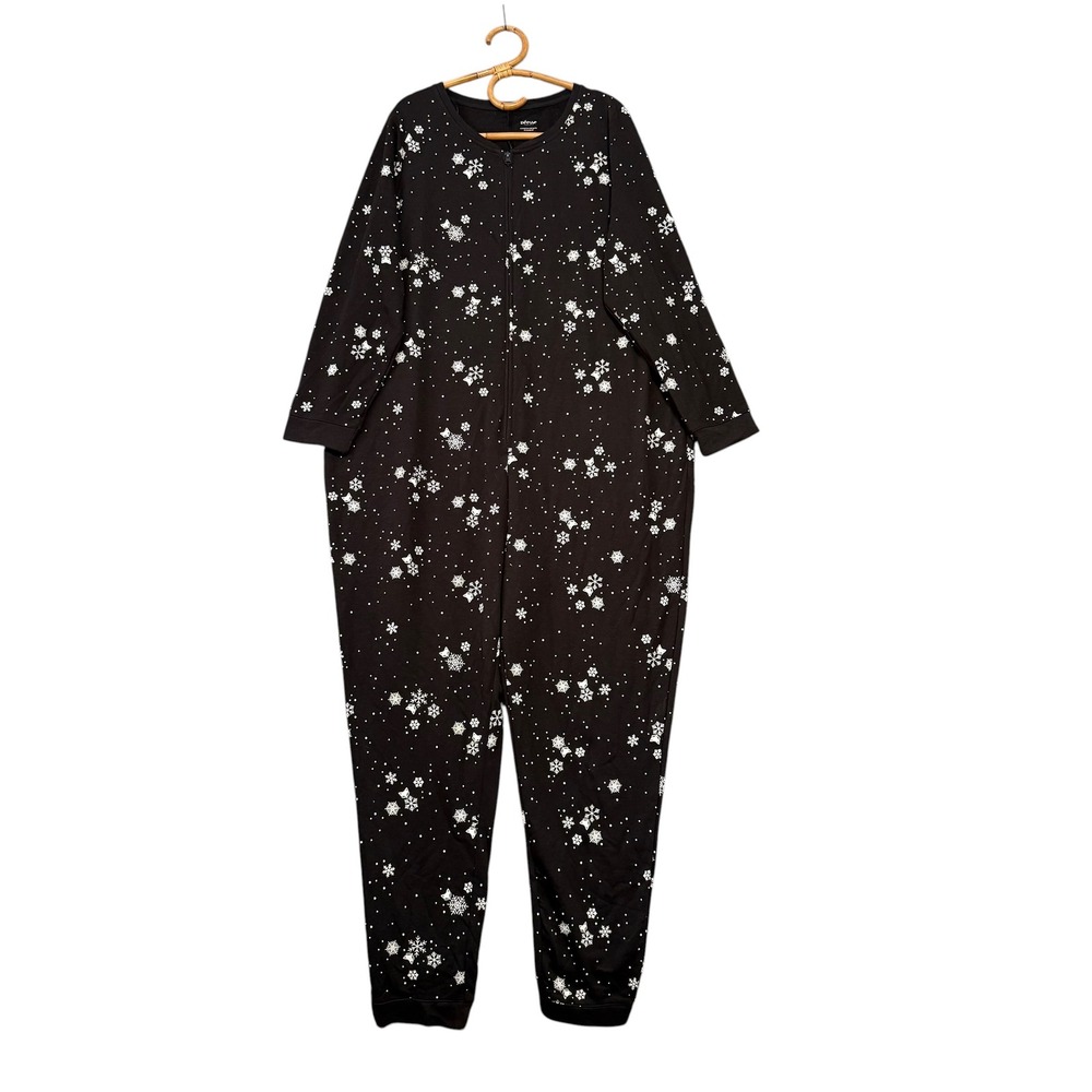 Déesse | Pajama Jumpsuit Black Snowflake Fox Print Plus Size 3X Cotton Blend